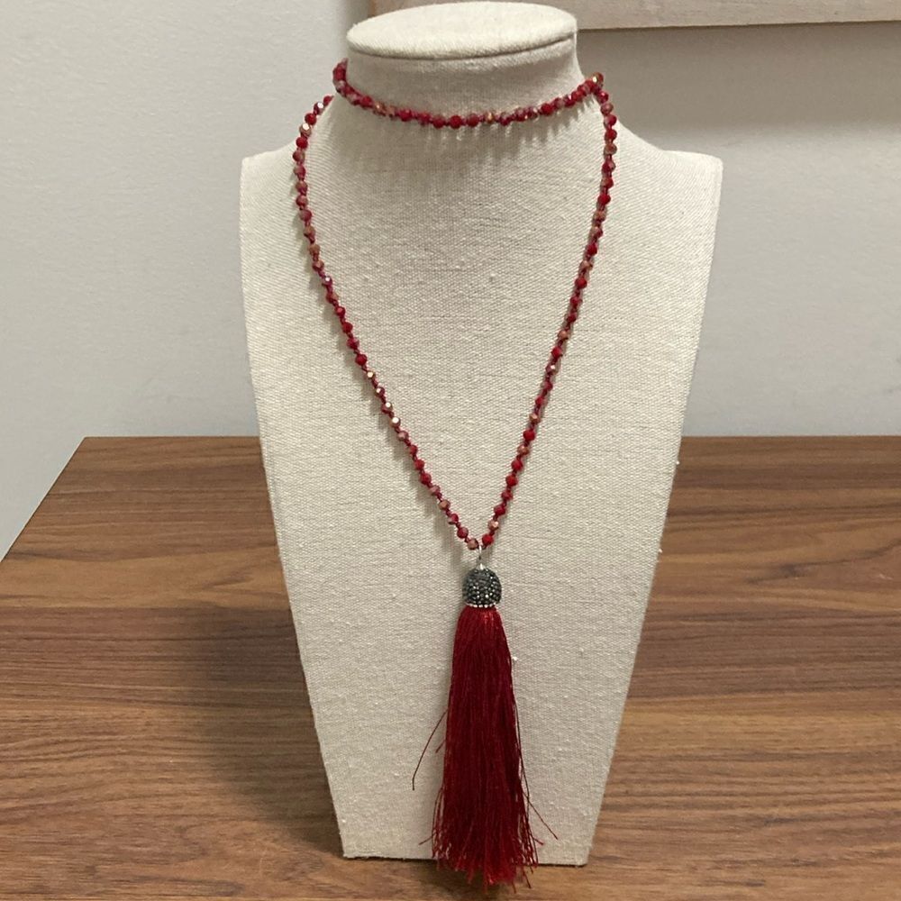 C EST 1946 Signed Long Red Beaded Tassel Necklace lobster claw clasp/extender.